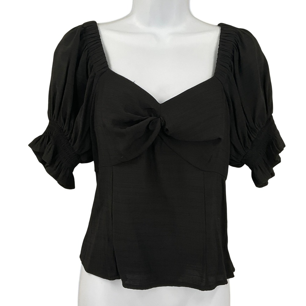 Nine West Black Puff Sleeve Sweetheart Smocked Top Womens Sz‎ M Romantic